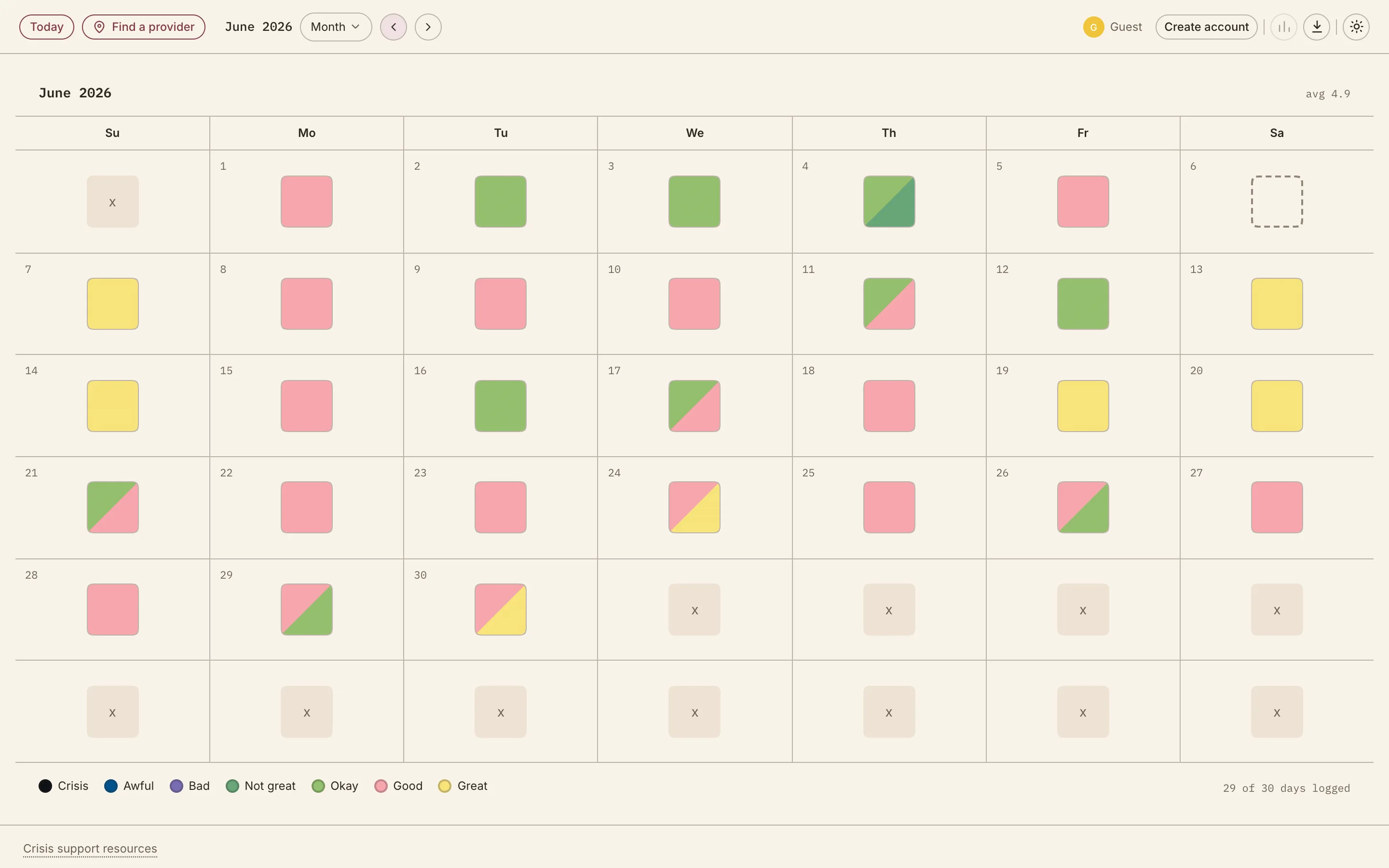 The month view for June: a calendar of example entries, most days a single colour, several split diagonally where the morning and the evening differed, and a few left empty.