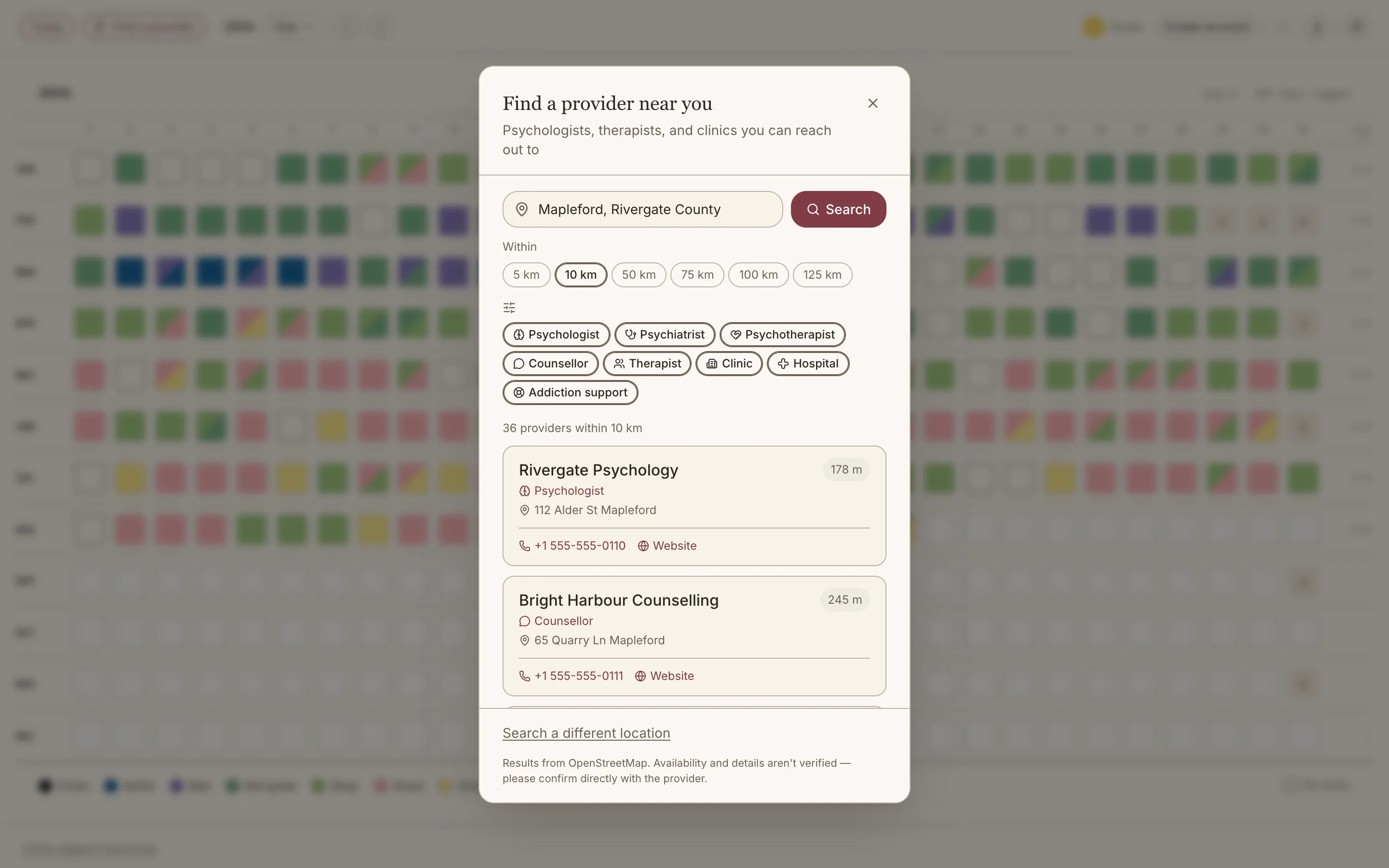 The provider search dialog: a location field reading Mapleford, Rivergate County, distance options from 5 to 125 km with 10 km selected, and filters for psychologist, psychiatrist, psychotherapist, counsellor, therapist, clinic, hospital and addiction support. Below them, 36 providers within 10 km — the first two listed with their type, street address, distance, phone number and a link to their website.